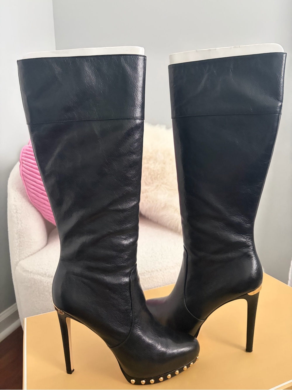 Michael Kors Black Leather Knee-High Stiletto Boots with Studded Platform